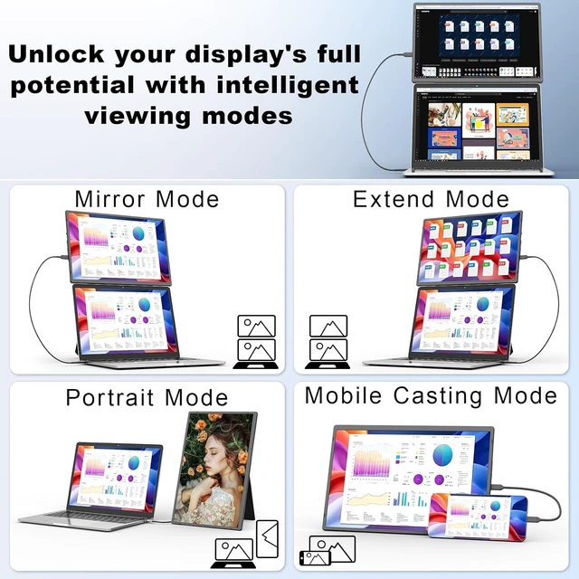 Alt view image 4 of 7 - 16.1" Laptop Screen Extender 360° Rotating Detachable Stand/VESA, FHD 1200P IPS Portable Monitor, HDMI/USB-A/Type-C Plug & Play, Win/Mac/Android