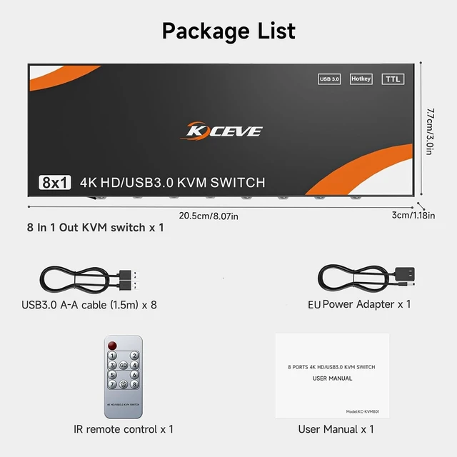 Alt view image 7 of 7 - HDMI KVM Switch for 8 Computers & 1 Monitor 8-Port USB 3.0 Switcher, 4K@60Hz, 8 PCs Share Keyboard & Mouse, Hotkey Switching