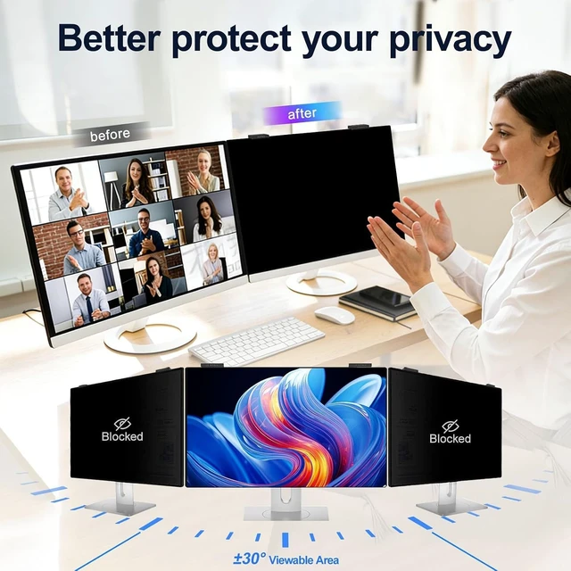 Alt view image 2 of 5 - 2-Pack 27-Inch Magnetic Computer Privacy Screen Filter for 16:9 Monitors Removable Hanging Shield, Anti-Glare, Anti Blue Light Filter