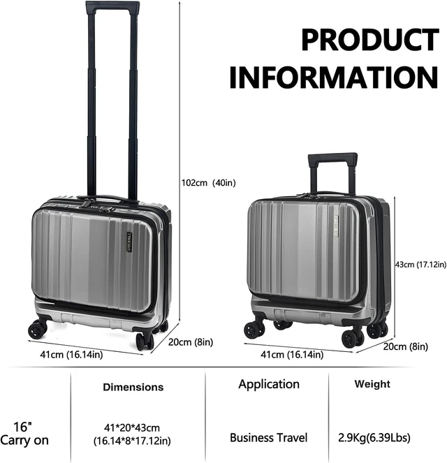 Alt view image 3 of 7 - 16" Carry-On Luggage with 2 Laptop Compartments Airline Approved