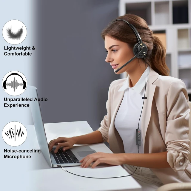 Alt view image 7 of 7 - USB Computer Headset with Microphone Noise-Cancelling, Adjustable Volume, Lightweight, for Laptop, Business, Skype, UC, Call Center, Office (802)