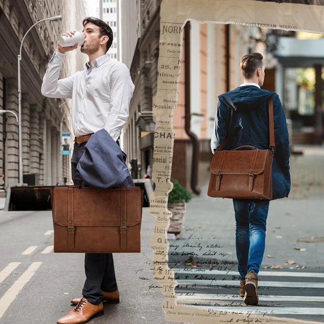 Alt view image 2 of 6 - 18-Inch Vintage Leather Messenger Bag for Men Laptop Briefcase