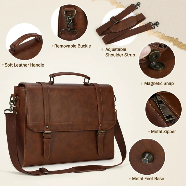 Alt view image 5 of 6 - 18-Inch Vintage Leather Messenger Bag for Men Laptop Briefcase