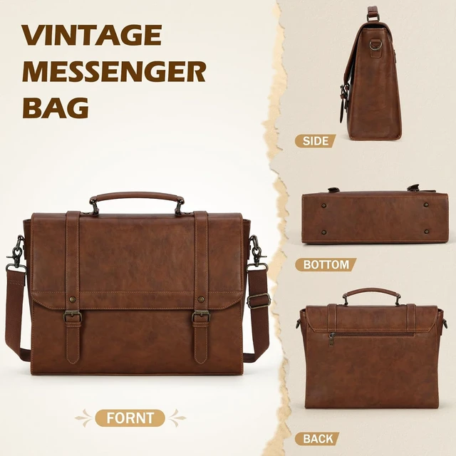 Alt view image 6 of 6 - 18-Inch Vintage Leather Messenger Bag for Men Laptop Briefcase