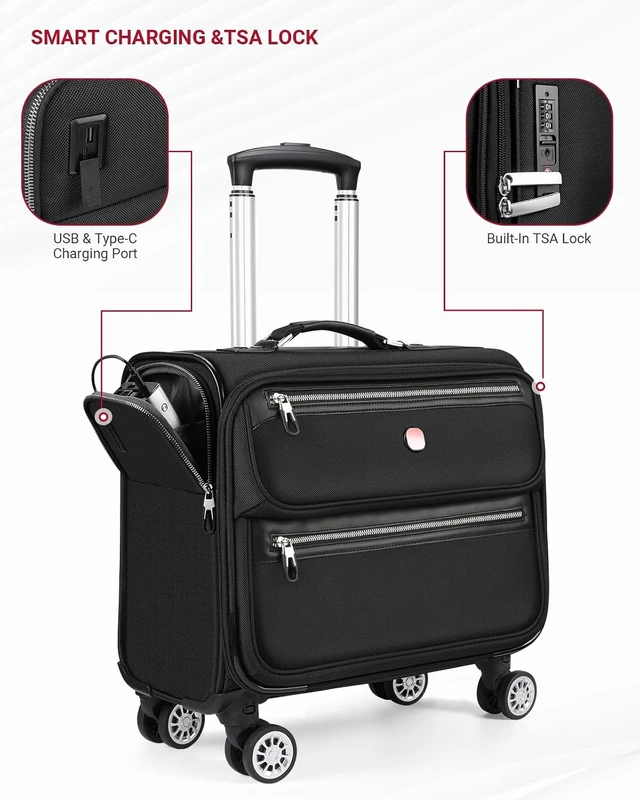 Alt view image 3 of 7 - 17.3-Inch Rigid-Frame Rolling Laptop Briefcase with Wheels USB & Type-C Charging, TSA Lock, Detachable Spinner Wheels, for Business Travel