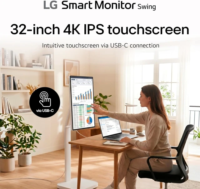 Alt view image 4 of 7 - Smart Monitor Swing 32U889SA-W 32-Inch 4K UHD (3840x2160) IPS Touchscreen Wheeled Adjustable Base, HDR10, webOS, Built-In Speaker, HDMI, USB Type-C (White)