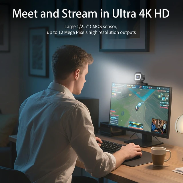 Alt view image 2 of 7 - 4K Webcam with Ring Light Remote Control, PDAF Autofocus