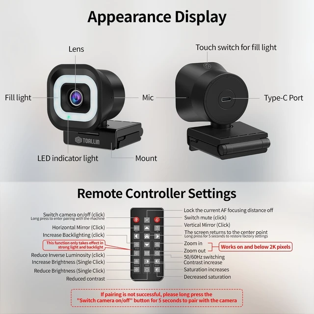 Alt view image 7 of 7 - 4K Webcam with Ring Light Remote Control, PDAF Autofocus