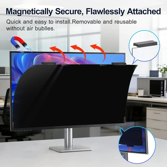 Alt view image 2 of 7 - Magnetic 24-Inch Privacy Screen for Frameless 16:9 Computer Monitors Anti Blue Light Filter, Anti-Glare Eye Shield, Adhesive-Free, Easy Installation