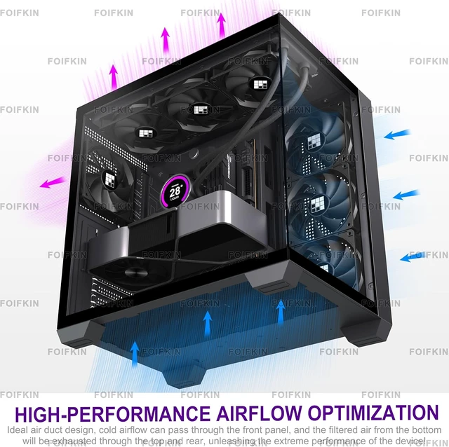 Alt view image 3 of 7 - F300 (2025) ATX Mid-Tower Gaming PC Case 4 Pre-Installed Non-RGB Fans, 270° Panoramic Glass with Type-C (Black+)