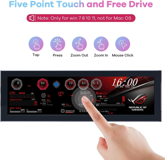 Alt view image 3 of 7 - 8.8-Inch Touchscreen Computer Secondary Screen 1920x480 FHD IPS LCD for PC Case, AIDA64 CPU/GPU Temperature Monitor, Raspberry Pi