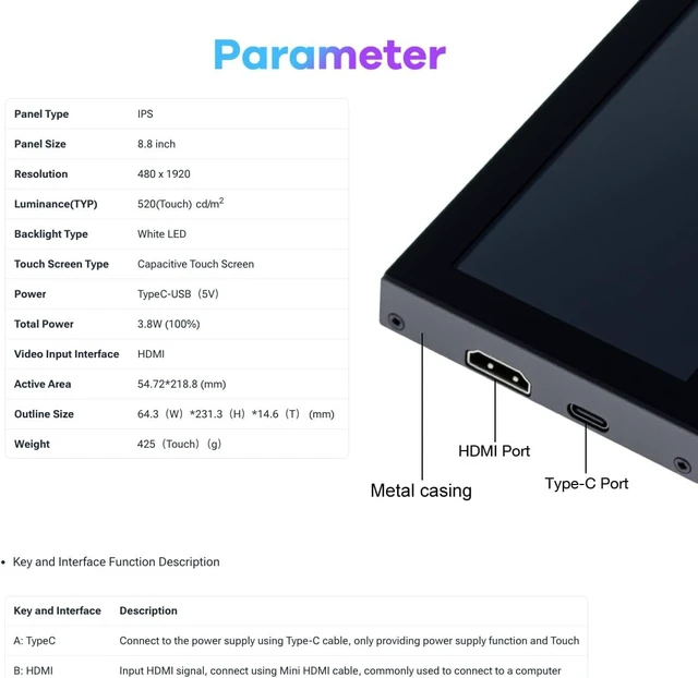 Alt view image 5 of 7 - 8.8-Inch Touchscreen Computer Secondary Screen 1920x480 FHD IPS LCD for PC Case, AIDA64 CPU/GPU Temperature Monitor, Raspberry Pi