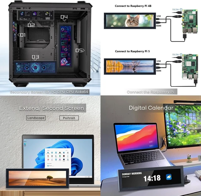 Alt view image 4 of 7 - 8.8-Inch Touchscreen Computer Secondary Screen 1920x480 FHD IPS LCD for PC Case, AIDA64 CPU/GPU Temperature Monitor, Raspberry Pi