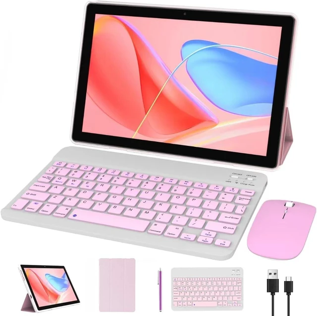 Main image of 10" Android 15 2-in-1 Tablet with Keyboard 64GB Storage + 8GB RAM, 8MP Camera, 6000mAh Battery, Includes Keyboard/Mouse/Case/Stylus Pen, Wi-Fi 6 (Pink)