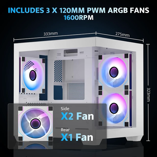 Alt view image 3 of 7 - C275P Mini ITX PC Case Pre-Installed 3 PWM ARGB Fans, Full-View Dual Tempered Glass, Supports 240mm AIO (White)