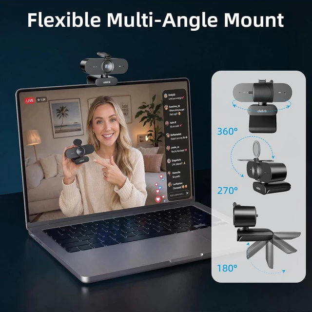 Alt view image 6 of 7 - 4K USB Webcam for PC Auto-Focus Streaming Camera with Dual Noise-Reduction Mics
