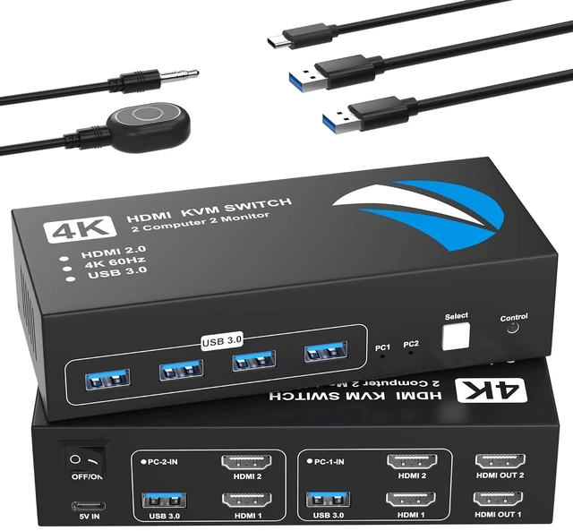 Main image of HDMI KVM Switch for 2 Computers 2 Monitors 4K@60Hz Dual Monitor with 4 USB 3.0 Ports Sharing Keyboard Mouse Printer, HDMI Switcher 2-in-2-Out