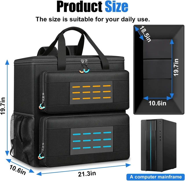 Alt view image 2 of 7 - Computer Desktop Tower Carrying Case Padded Protection & Multiple Pockets, Gaming Backpack Holds CPU, Keyboard, Mouse, Cables & Accessories