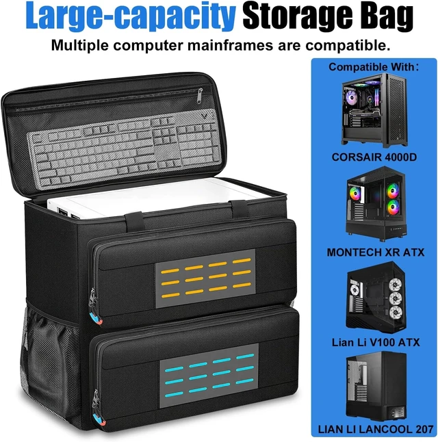 Alt view image 3 of 7 - Computer Desktop Tower Carrying Case Padded Protection & Multiple Pockets, Gaming Backpack Holds CPU, Keyboard, Mouse, Cables & Accessories