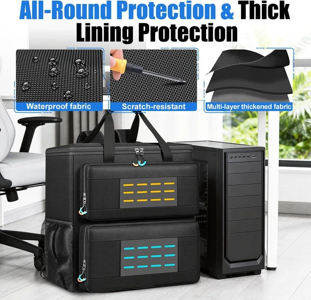 Alt view image 5 of 7 - Computer Desktop Tower Carrying Case Padded Protection & Multiple Pockets, Gaming Backpack Holds CPU, Keyboard, Mouse, Cables & Accessories