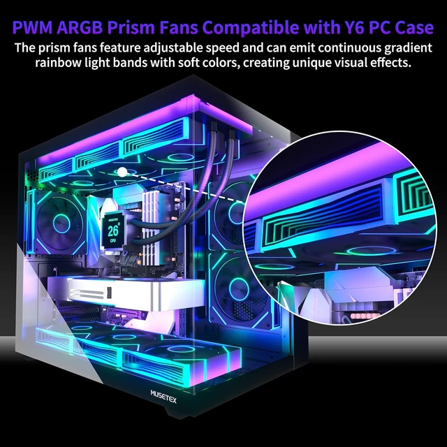 Alt view image 2 of 7 - Y6 ATX Mid-Tower Gaming PC Case 6 PWM ARGB Fans Pre-Installed, 360MM RAD Support, Type-C, 270° Full-View Tempered Glass (Black)
