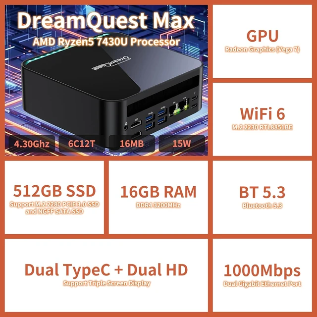 Alt view image 2 of 7 - Mini PC with Windows 11 Pro Pre-Loaded Ryzen 5 7430U (Up to 4.3GHz, 6C/12T), 16GB DDR4, 512GB M.2 SSD, Dual HDMI 4K@60Hz, LAN, Type-C, WiFi 6, BT 5.3 for Home & Business