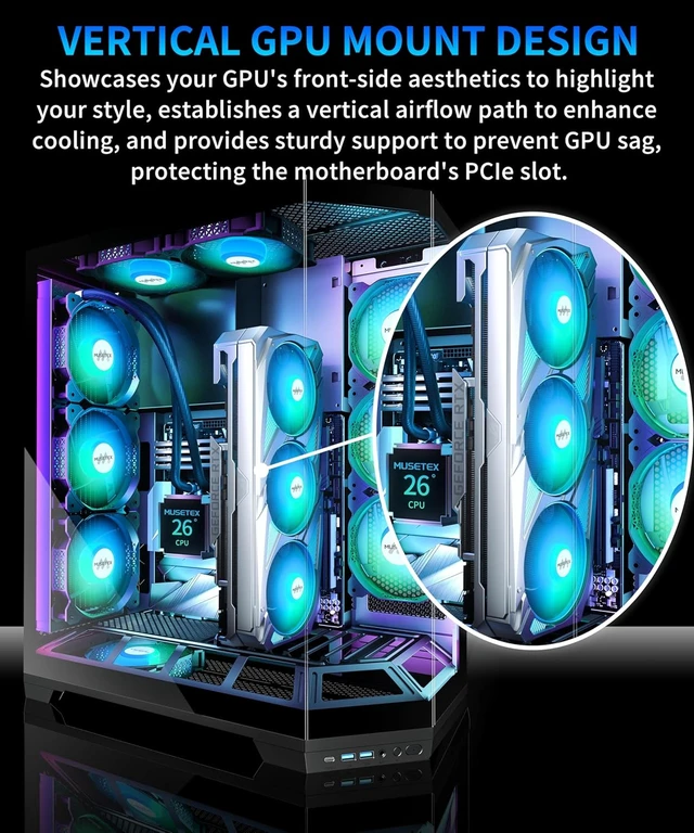 Alt view image 2 of 7 - GR3 ATX Mid-Tower Gaming PC Case Vertical GPU Mounting, 5 PWM ARGB Fans Pre-Installed, 360MM RAD Support, Type-C, 270° Full-View Tempered Glass (Black)