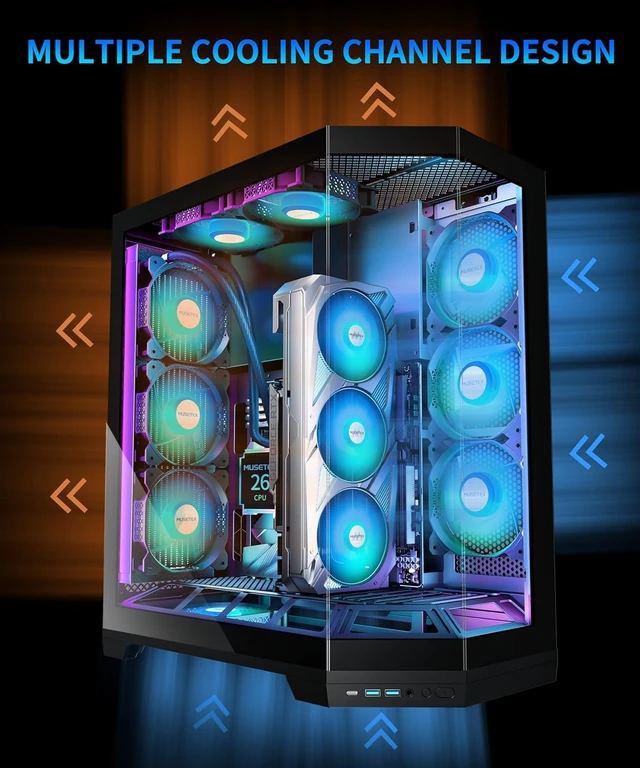 Alt view image 4 of 7 - GR3 ATX Mid-Tower Gaming PC Case Vertical GPU Mounting, 5 PWM ARGB Fans Pre-Installed, 360MM RAD Support, Type-C, 270° Full-View Tempered Glass (Black)