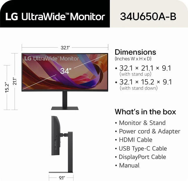 Alt view image 3 of 7 - 34U650A-B 34" UltraWide IPS WQHD 100Hz HDR10 Curved Monitor (Black)