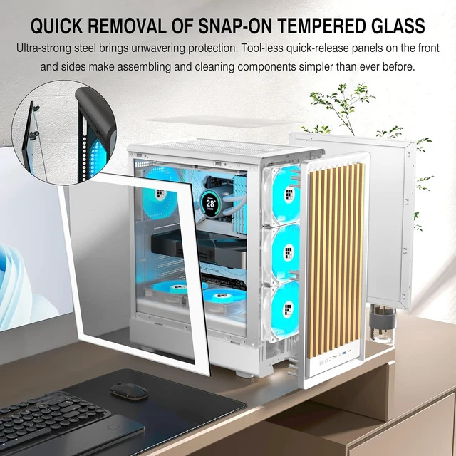 Alt view image 2 of 7 - M1 ATX Mid-Tower Gaming PC Case Walnut Front Panel, 4 PWM ARGB Fans Pre-Installed, 240MM RAD Support, Type-C (White Walnut)
