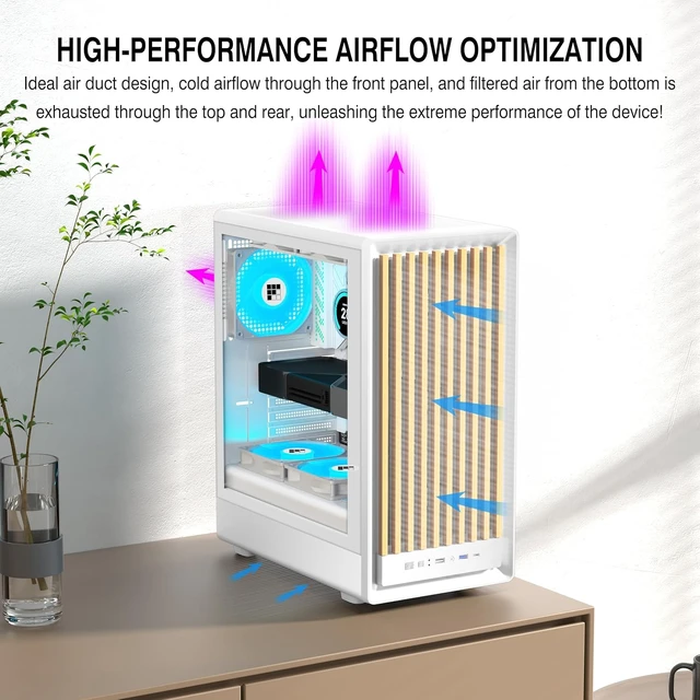 Alt view image 4 of 7 - M1 ATX Mid-Tower Gaming PC Case Walnut Front Panel, 4 PWM ARGB Fans Pre-Installed, 240MM RAD Support, Type-C (White Walnut)