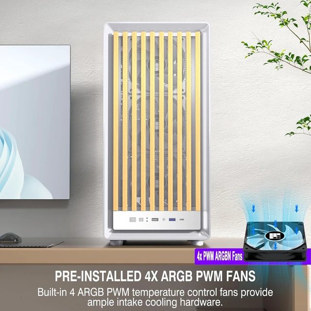 Alt view image 6 of 7 - M1 ATX Mid-Tower Gaming PC Case Walnut Front Panel, 4 PWM ARGB Fans Pre-Installed, 240MM RAD Support, Type-C (White Walnut)