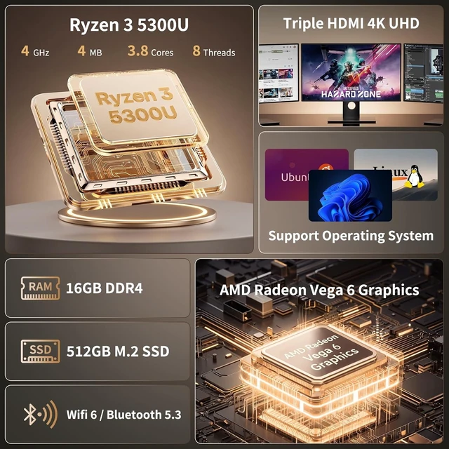 Alt view image 2 of 7 - Mini PC Ryzen 3 5300U (4C/8T, Up to 3.8GHz), 16GB RAM, 512GB SSD