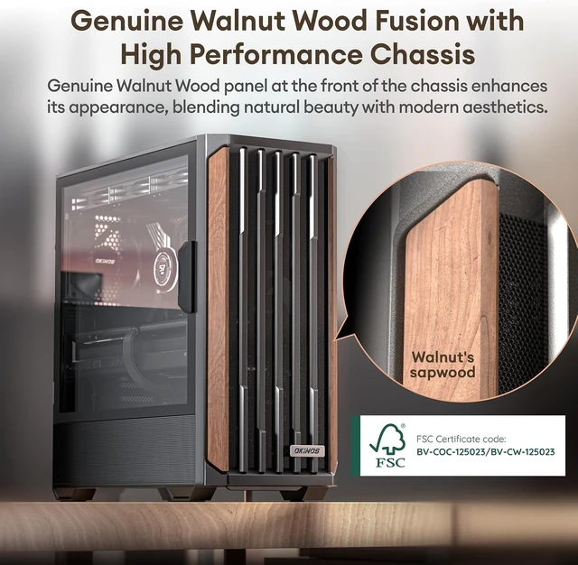 Alt view image 2 of 7 - Cypress 7 Genuine Walnut Wood ATX PC Case 4 x 120mm PWM Fans Pre-Installed, 360mm Top Radiator Support, Type-C, Magnetic Tempered Glass Side Panel (Black)