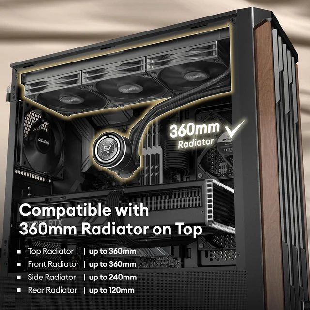Alt view image 3 of 7 - Cypress 7 Genuine Walnut Wood ATX PC Case 4 x 120mm PWM Fans Pre-Installed, 360mm Top Radiator Support, Type-C, Magnetic Tempered Glass Side Panel (Black)