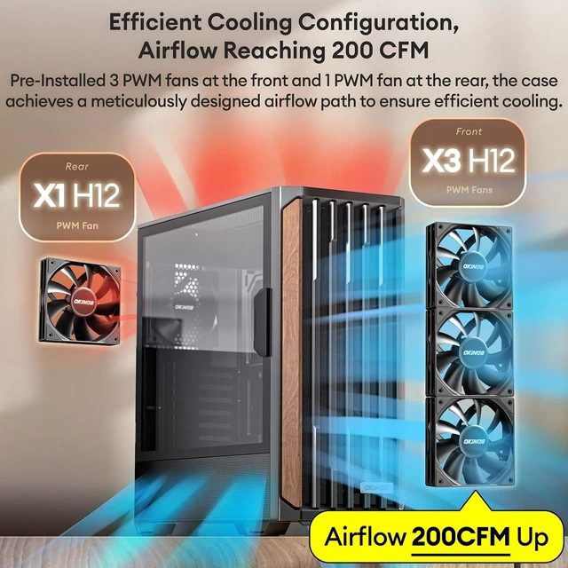 Alt view image 4 of 7 - Cypress 7 Genuine Walnut Wood ATX PC Case 4 x 120mm PWM Fans Pre-Installed, 360mm Top Radiator Support, Type-C, Magnetic Tempered Glass Side Panel (Black)