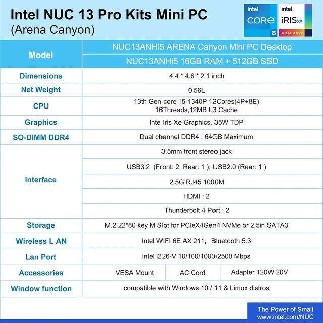 Alt view image 4 of 7 - NUC 13 Pro NUC13ANHi5 Mini PC 16GB RAM, 512GB SSD