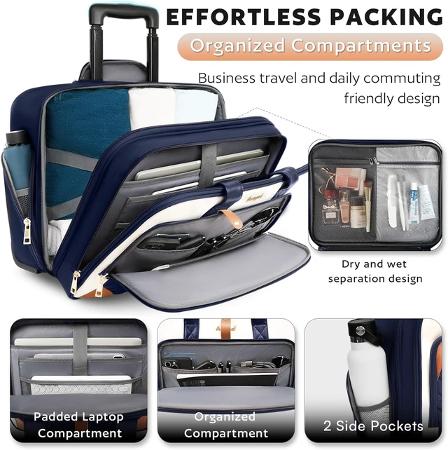 Alt view image 3 of 7 - 17" Rolling Laptop Bag for Women Waterproof Pocket, Underseat Carry-On Luggage with Wheels for Work Travel & Business (Lightweight Navy Blue Brown)