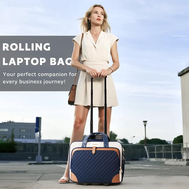 Alt view image 2 of 7 - 17" Rolling Laptop Bag for Women Waterproof Pocket, Underseat Carry-On Luggage with Wheels for Work Travel & Business (Lightweight Navy Blue Brown)