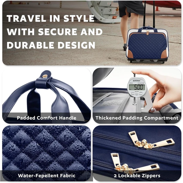 Alt view image 5 of 7 - 17" Rolling Laptop Bag for Women Waterproof Pocket, Underseat Carry-On Luggage with Wheels for Work Travel & Business (Lightweight Navy Blue Brown)