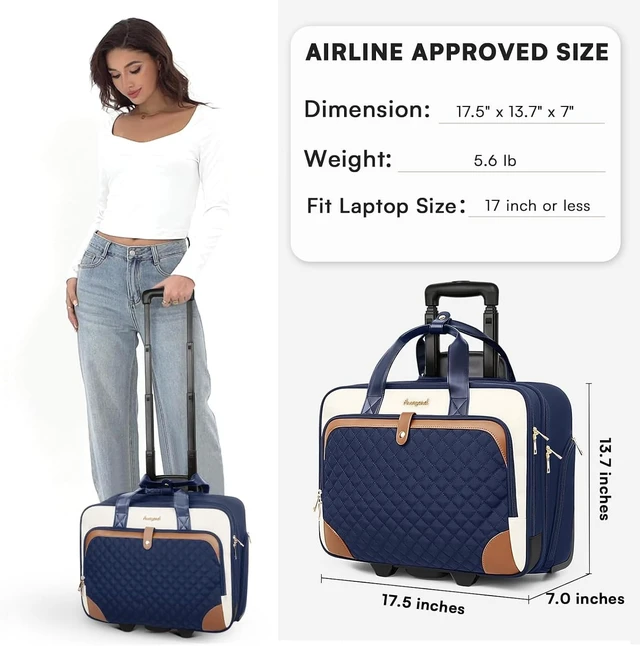 Alt view image 7 of 7 - 17" Rolling Laptop Bag for Women Waterproof Pocket, Underseat Carry-On Luggage with Wheels for Work Travel & Business (Lightweight Navy Blue Brown)