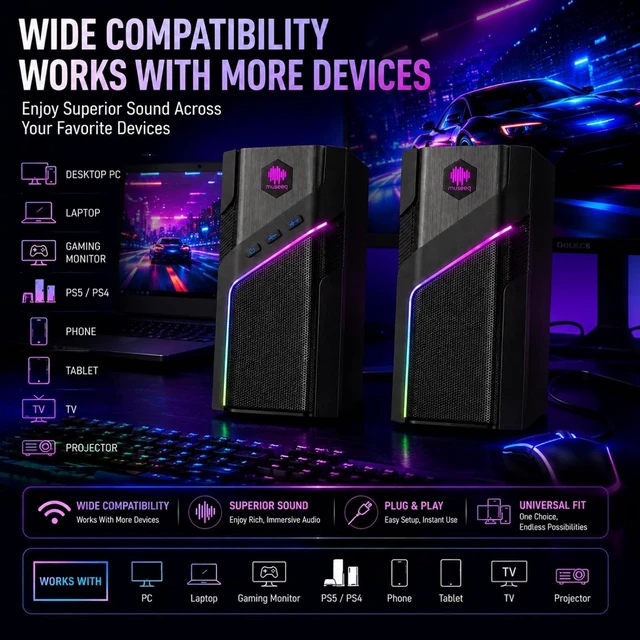 Alt view image 5 of 7 - W-206RE Computer Speakers for Desktop PC Bluetooth, RGB Lights