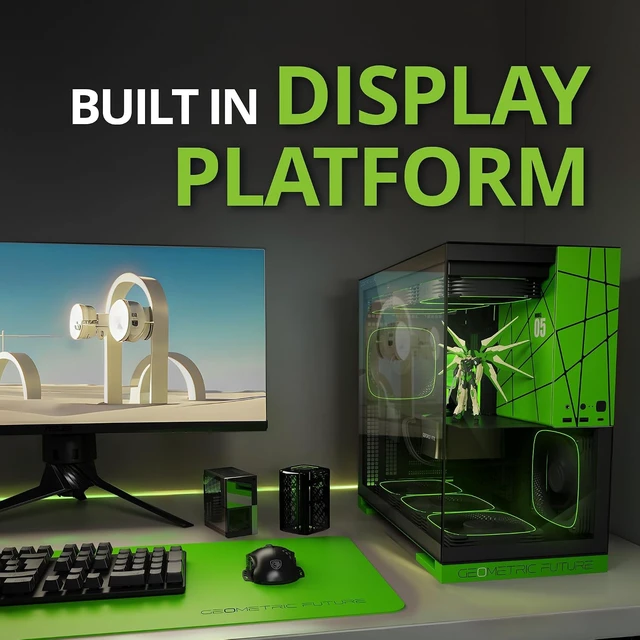 Alt view image 7 of 7 - GEO-M5F-BNY M5 Tempered Glass Mid Tower Gaming Case E-ATX/ATX, 1.2mm Steel, Type-C, Toolless Panels, 420/360 Radiator Support, 5x ARGB PWM 140mm Fans Pre-Installed (Black/Green)