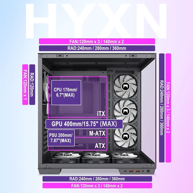 Alt view image 4 of 7 - H1 ATX PC Case Dual Cavity Mid-Tower Gaming Case, 7 PWM ARGB Fans Pre-Installed, Type-C, Holds up to 3X 360mm Radiators (Black, H1)