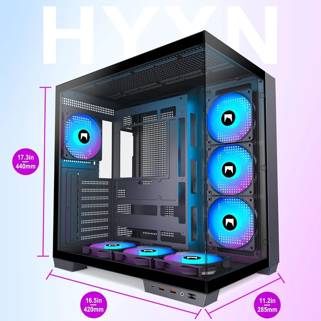 Alt view image 6 of 7 - H1 ATX PC Case Dual Cavity Mid-Tower Gaming Case, 7 PWM ARGB Fans Pre-Installed, Type-C, Holds up to 3X 360mm Radiators (Black, H1)