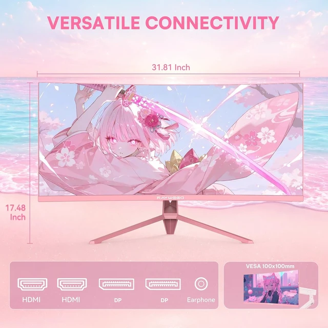 Alt view image 7 of 7 - 34" Pink Curved Ultrawide Gaming Monitor UWQHD 165Hz, 1500R