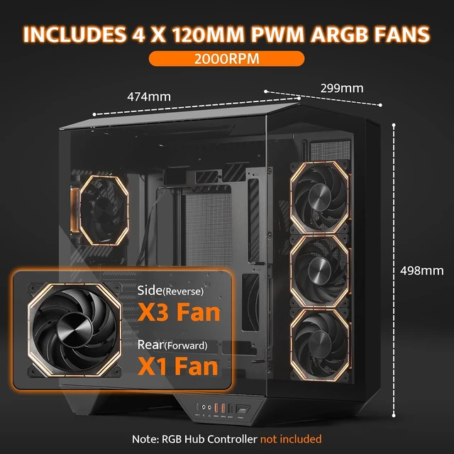 Alt view image 5 of 7 - DY470 Full-Tower ATX Gaming PC Case 4 PWM ARGB Fans (Black)