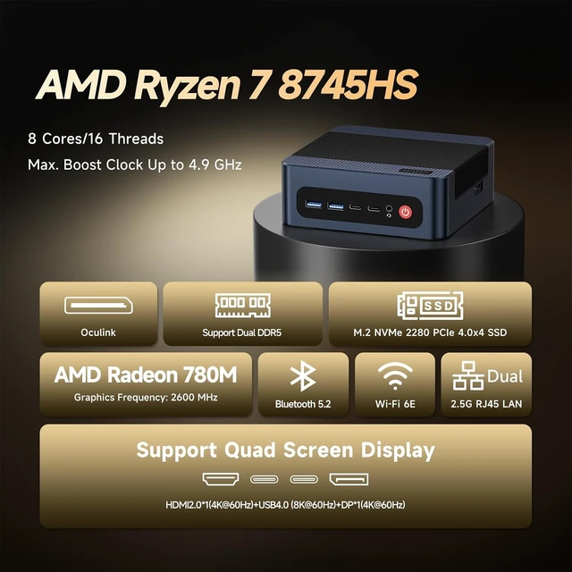 Alt view image 2 of 7 - A8 Oculink Mini Gaming PC Ryzen 7 8745HS, 16GB DDR5, 1TB NVMe SSD