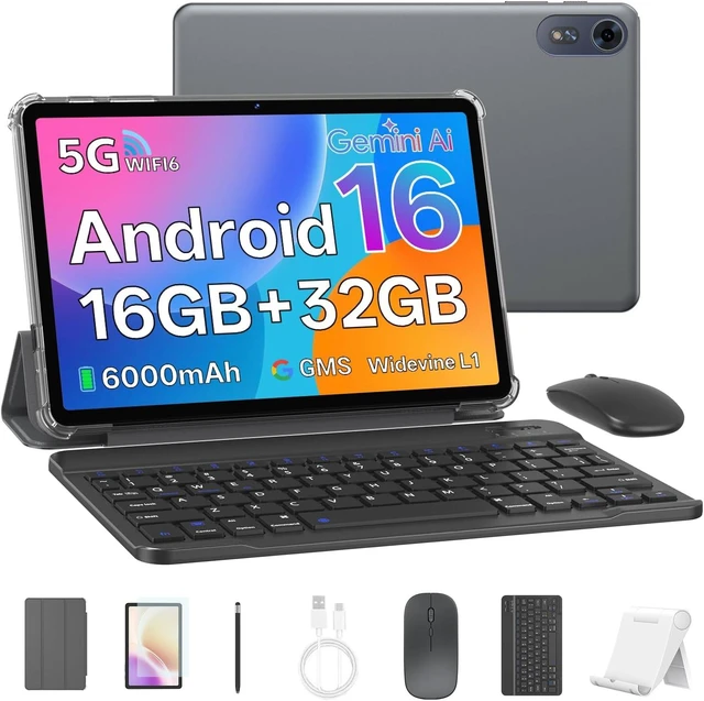 Main image of 10" Android 16 Tablet with Keyboard 16GB RAM + 32GB (Gray)