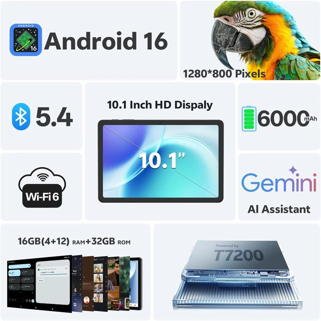 Alt view image 2 of 7 - 10" Android 16 Tablet with Keyboard 16GB RAM + 32GB (Gray)